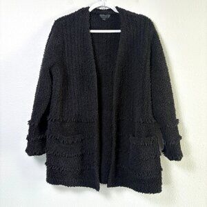 Barefoot Dreams CozyChic Boardwalk Cardigan Size L Black Fringe Open Front Knit